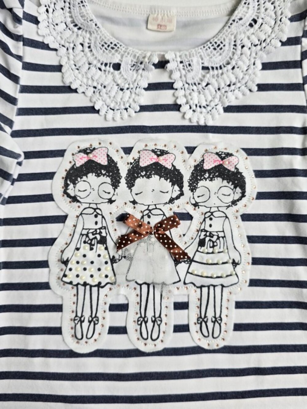 Girls Striped Top Vintage Style Sweet White Lace Peter Pan Collar Ballerina 10 - Picture 4 of 7